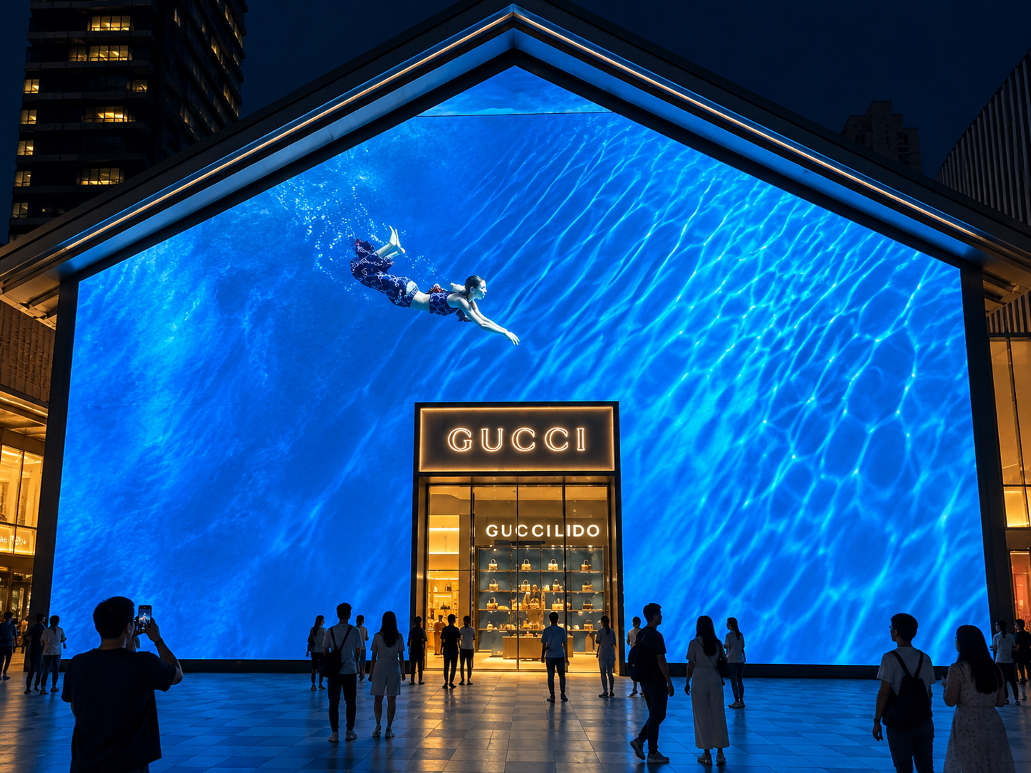 Fachada Gucci con anuncio acuático nocturno