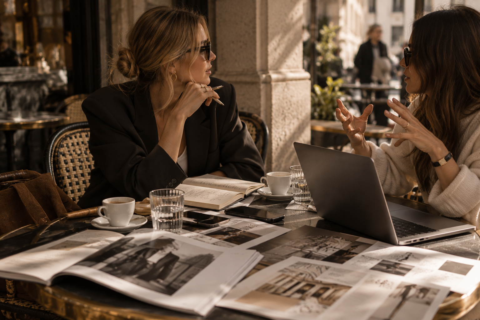Reunión creativa en un café parisino
